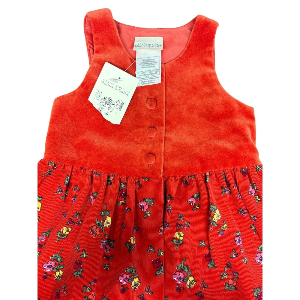 Laura Ashley Mother Child Girls Floral Corduroy Dress Red Vintage 18 Months NWT